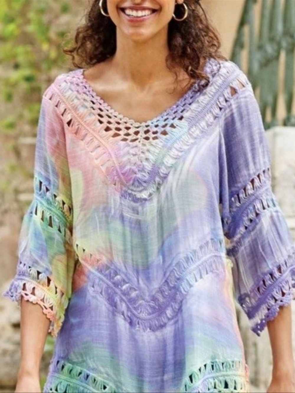 Soft Surroundings "Lulu" Rainbow Tie-Dye Crochet Tunic Pastel Multicolor Sz XS